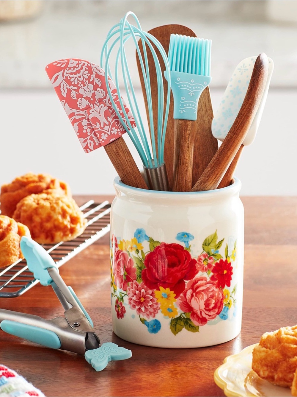 Pioneer Woman Sweet Rose Ceramic Utensil Crock with Aqua Silicone Kitchen Tools